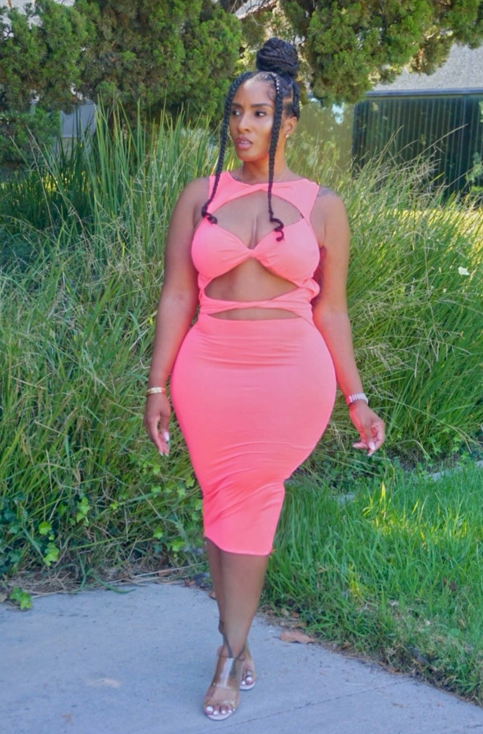 plus size neon pink dress Plus Size - Chiffon Smocked Waist Cover-Up Dress